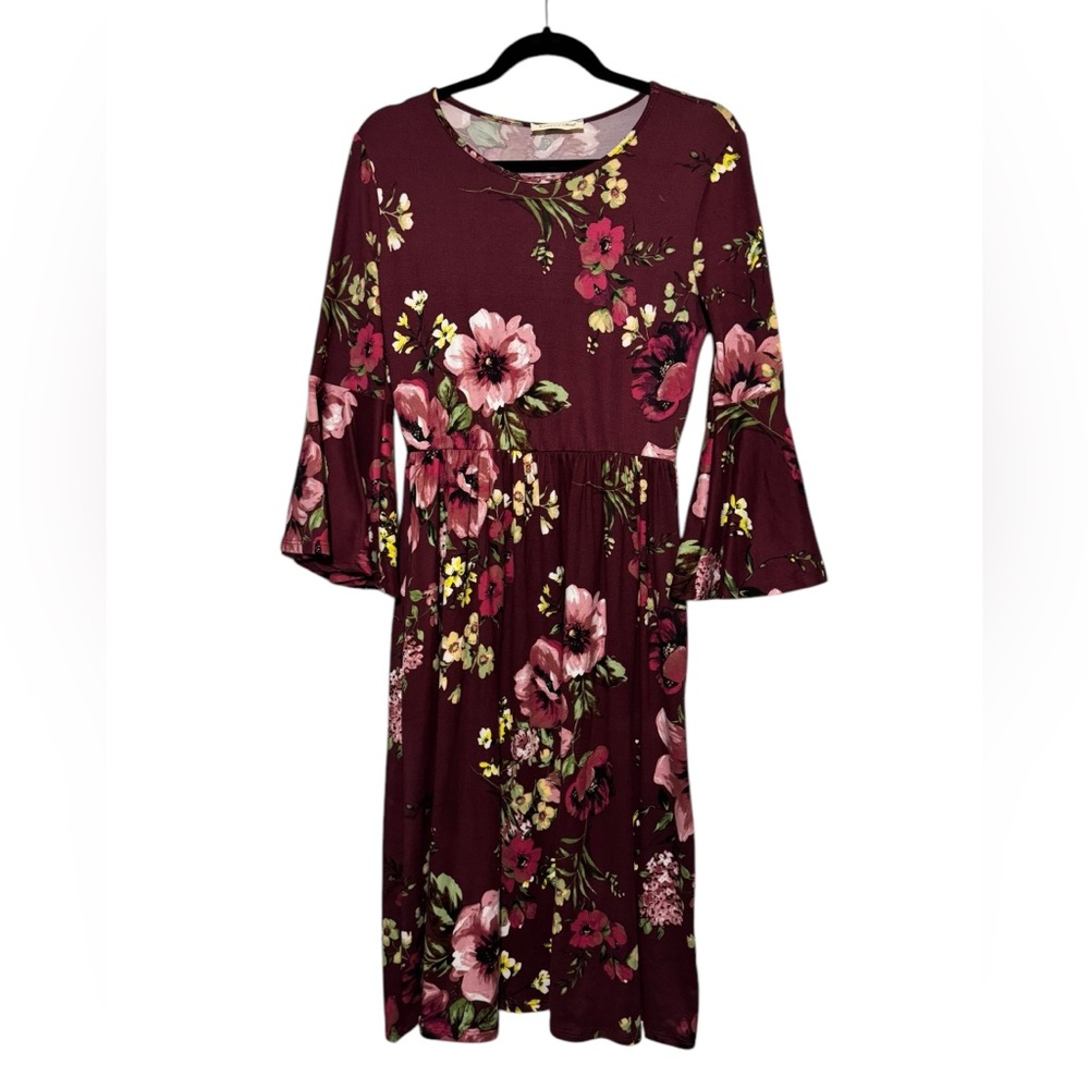Long Modest Maroon Floral Jersey Knit Dress Medium Bell Fluted Sleeves‎ Fall